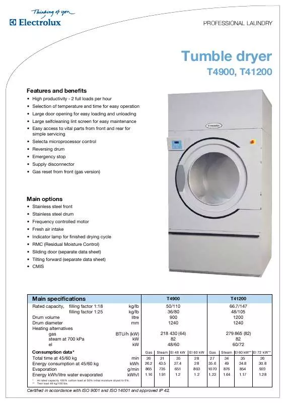 Mode d'emploi ELECTROLUX LAUNDRY SYSTEMS T41200