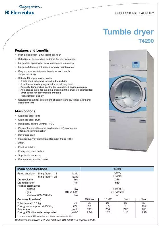 Mode d'emploi ELECTROLUX LAUNDRY SYSTEMS T4290