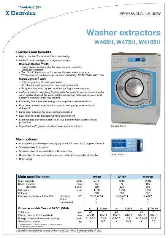 Mode d'emploi ELECTROLUX LAUNDRY SYSTEMS W4105H