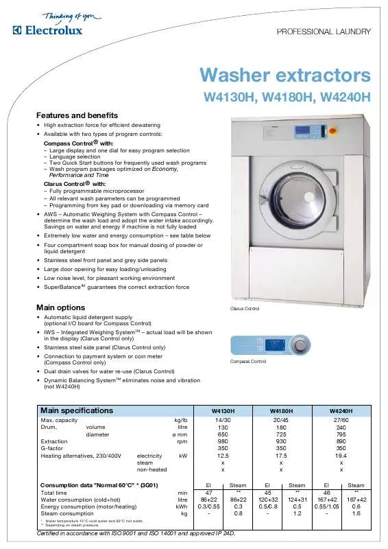 Mode d'emploi ELECTROLUX LAUNDRY SYSTEMS W4180H