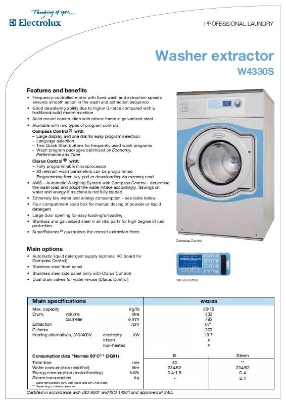 Mode d'emploi ELECTROLUX LAUNDRY SYSTEMS W4330S