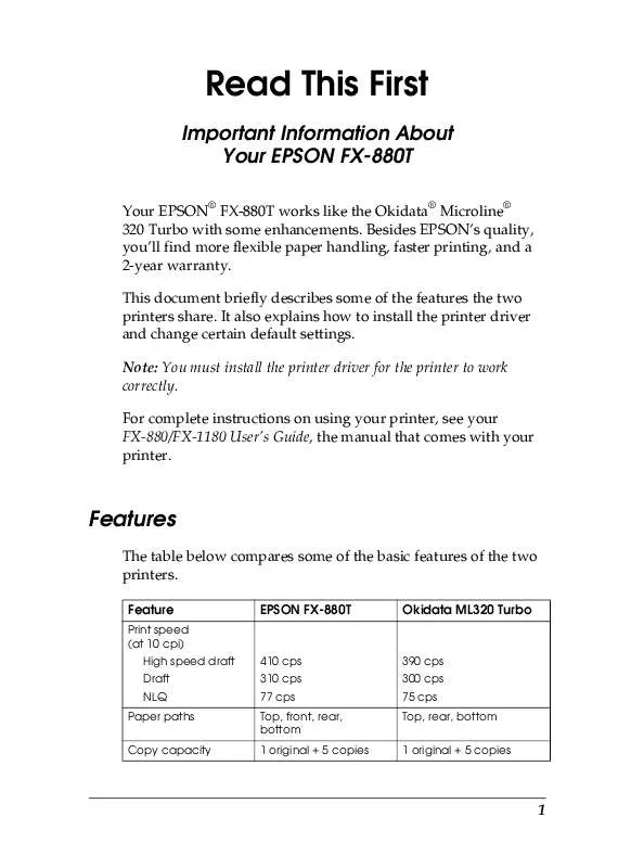 Mode d'emploi EPSON FX-880T