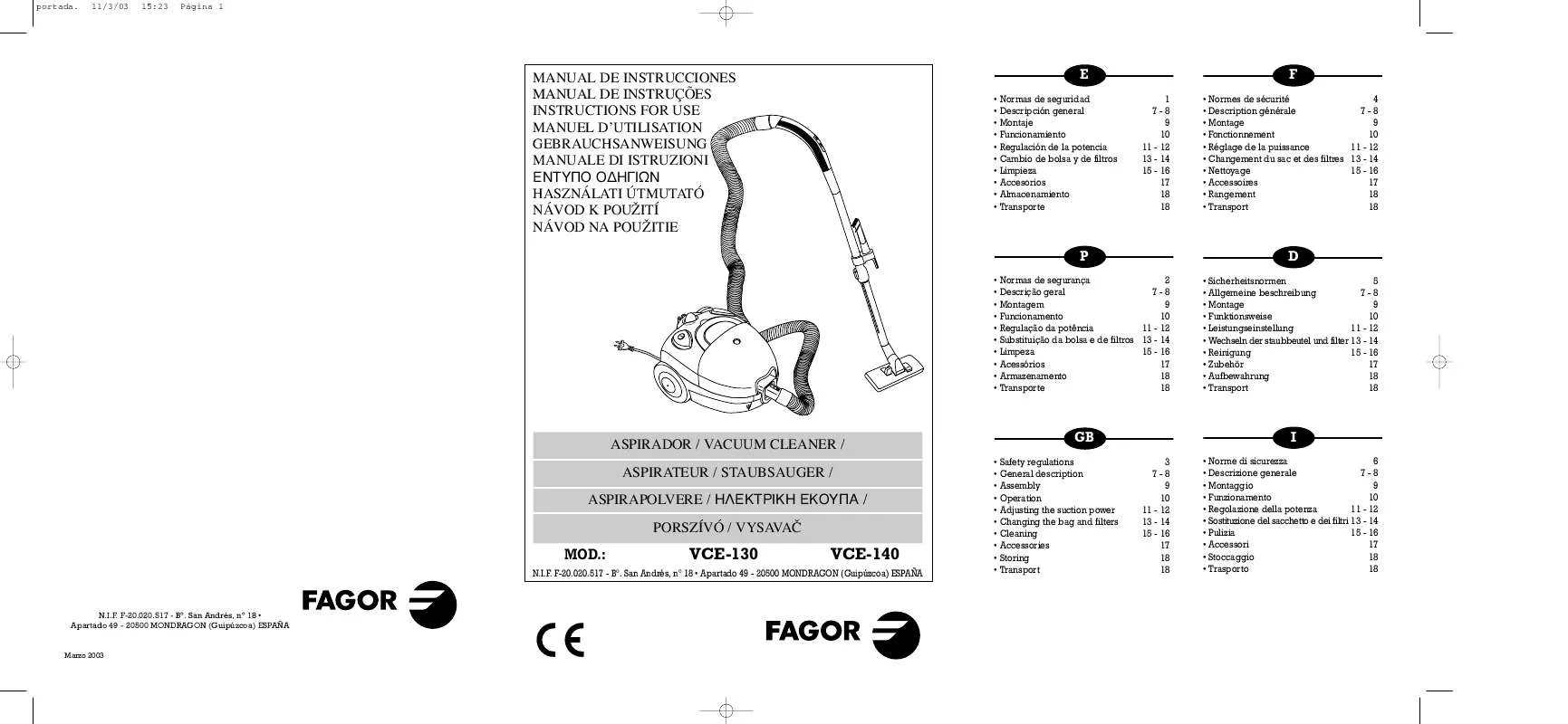 Mode d'emploi FAGOR VCE-130-140