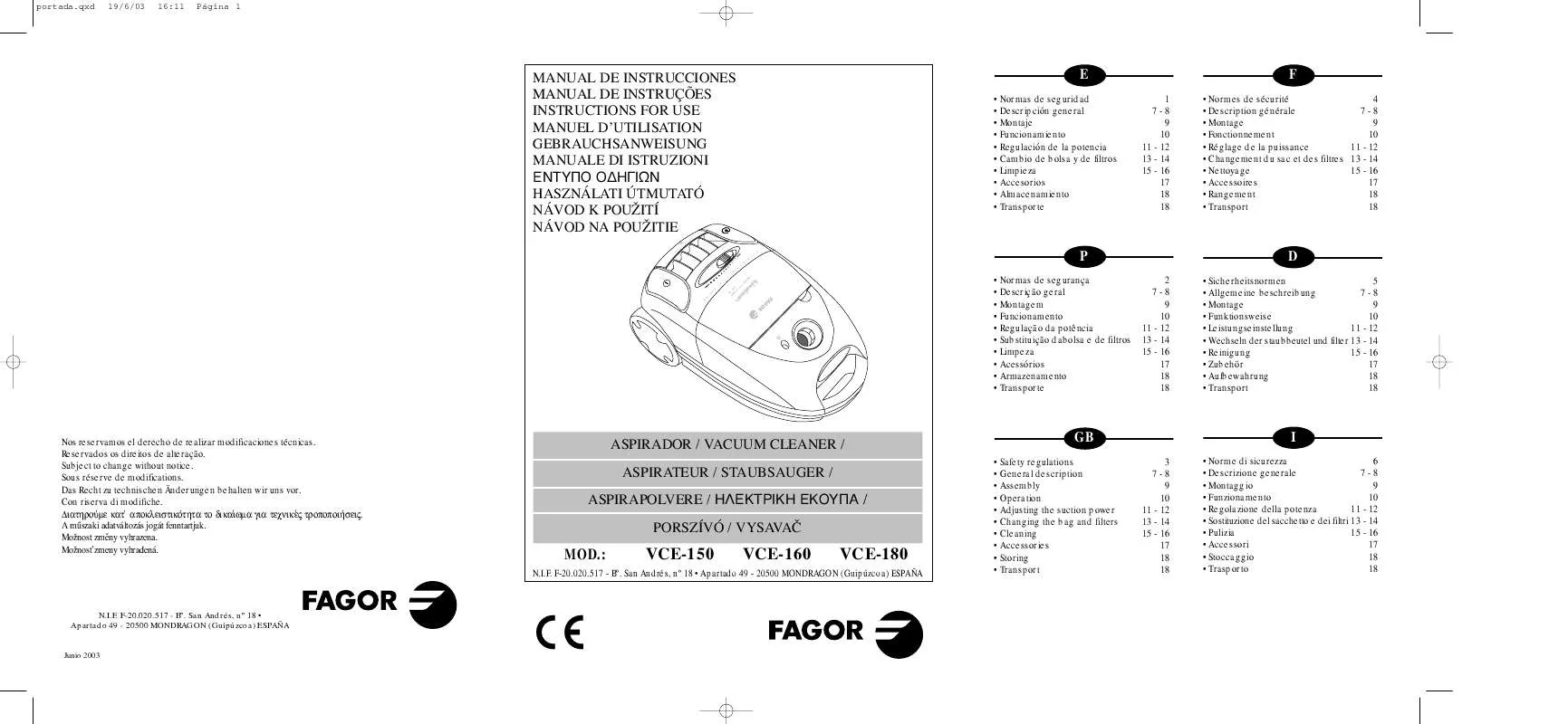 Mode d'emploi FAGOR VCE-150-160-180