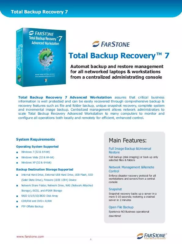 Mode d'emploi FARSTONE TOTAL BACKUP RECOVERY 7 ADVANCED WORKSTATION