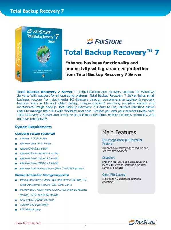 Mode d'emploi FARSTONE TOTAL BACKUP RECOVERY 7 SERVER