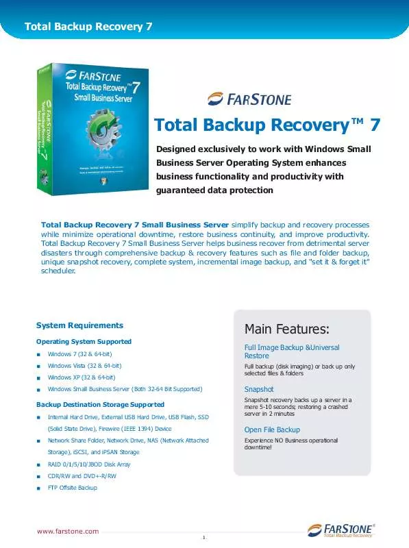 Mode d'emploi FARSTONE TOTAL BACKUP RECOVERY 7 SMALL BUSINESS SERVER