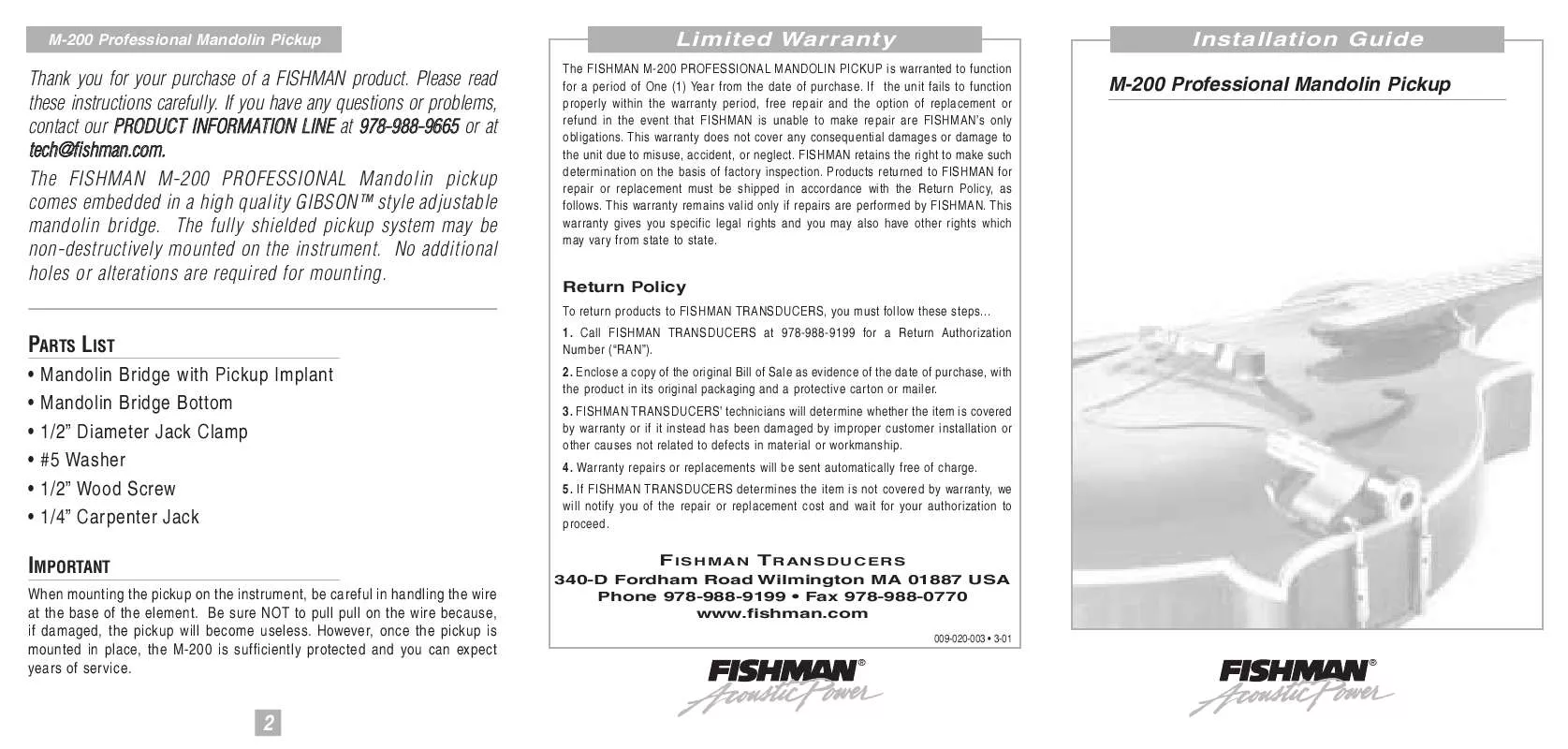 Mode d'emploi FISHMAN M-200-M PRO MANDOLIN PICKUPMIC