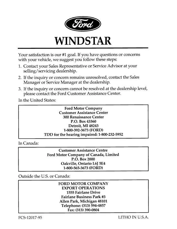 Mode d'emploi FORD WINDSTAR-1996