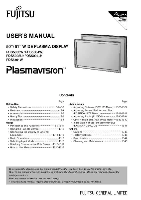 Mode d'emploi FUJITSU PLASMAVISION PDS5003