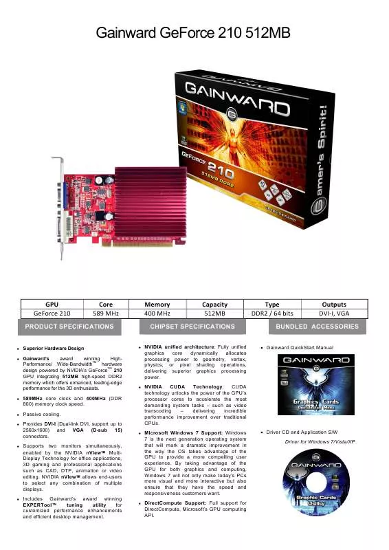 Mode d'emploi GAINWARD GEFORCE 210 512MB DDR2