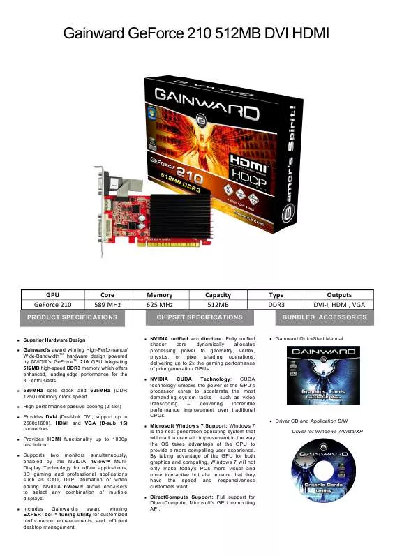 Mode d'emploi GAINWARD GEFORCE 210 512MB DDR3