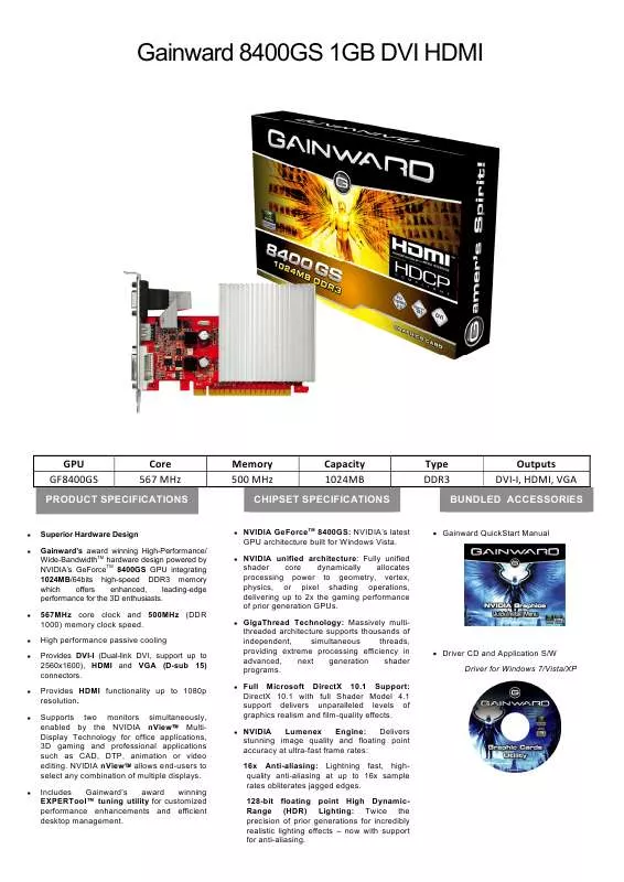 Mode d'emploi GAINWARD 8400GS 1GB DVI HDMI