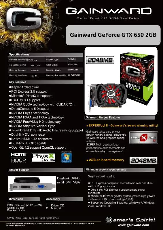 Mode d'emploi GAINWARD GTX 650 2GB