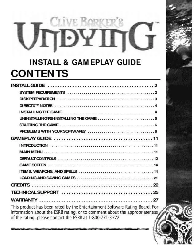 Mode d'emploi GAMES PC CLIVE BARKER S-UNDYING
