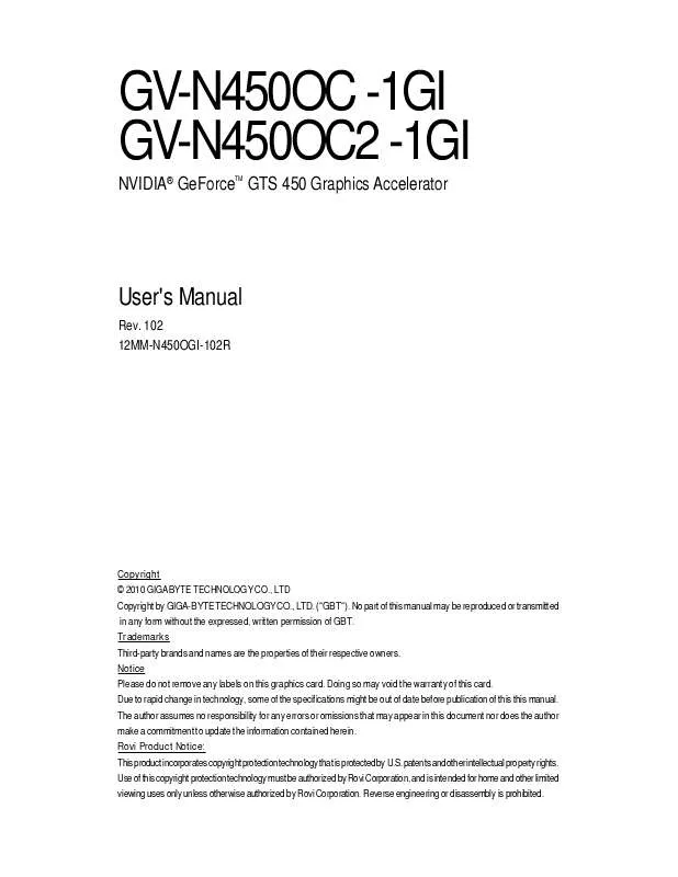 Mode d'emploi GIGABYTE GV-N450OC2-1GI