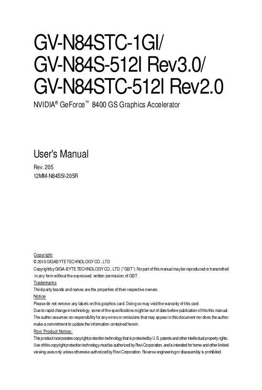 Mode d'emploi GIGABYTE GV-N84STC-1GI