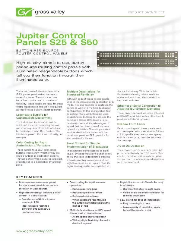 Mode d'emploi GRASS VALLEY JUPITER CONTROL PANEL S50