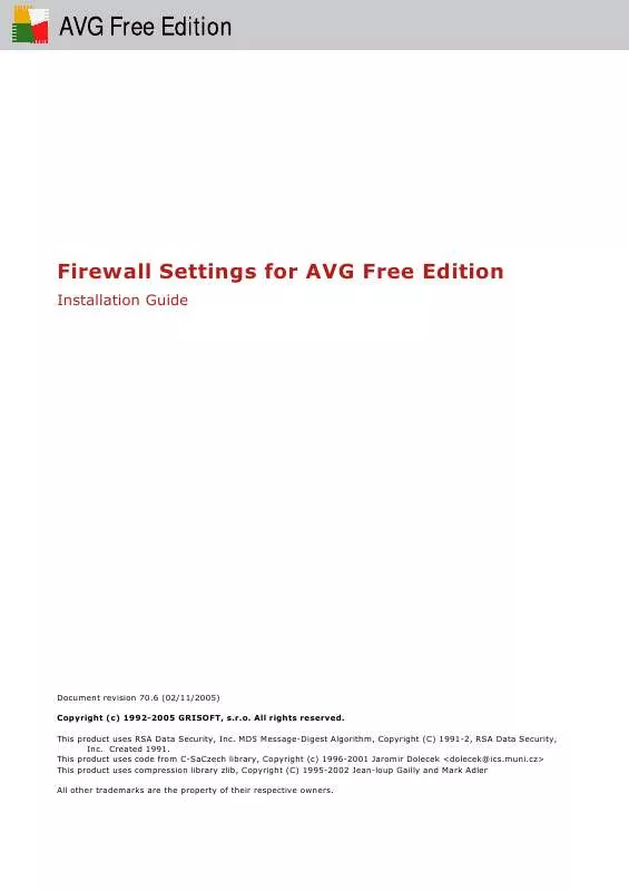 Mode d'emploi GRISOFT FIREWALL SETTINGS FOR AVG FREE EDITION