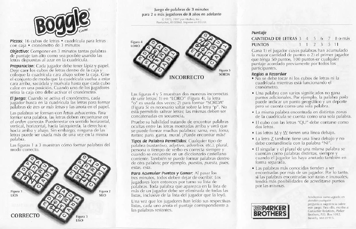 Mode d'emploi HASBRO BOGGLE 1997 SPANISH