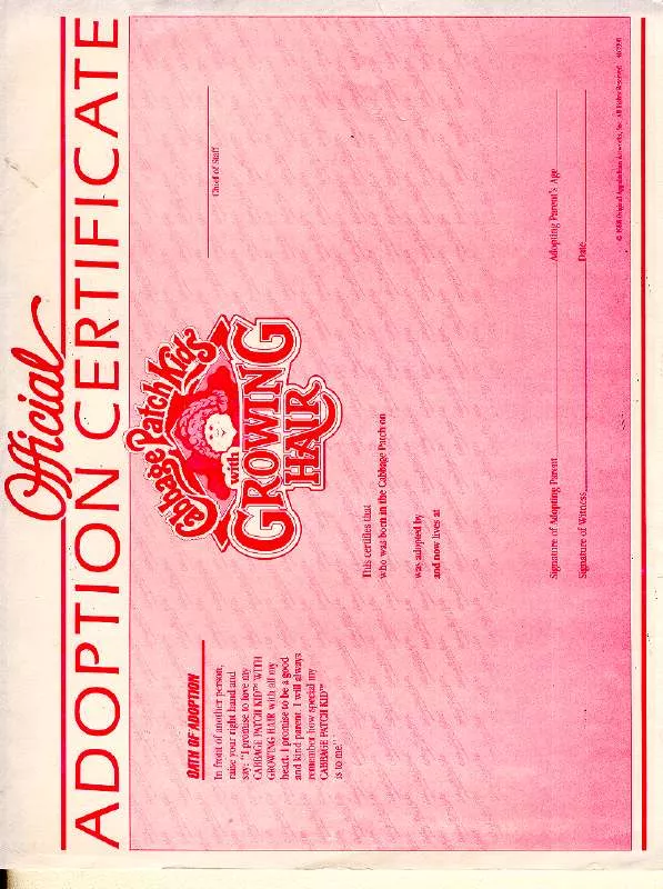 Mode d'emploi HASBRO CABBAGE PATCH KIDS-OFFICIAL ADOPTION CERTIFICATE