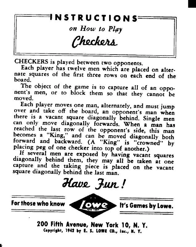 Mode d'emploi HASBRO CHECKERS 1942