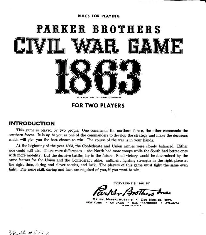 Mode d'emploi HASBRO CIVIL WAR GAME 1863 FOR 2 PLAYERS