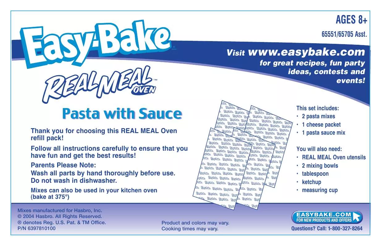 Mode d'emploi HASBRO EASY BAKE REAL MEAL OVEN PASTA WITH SAUCE