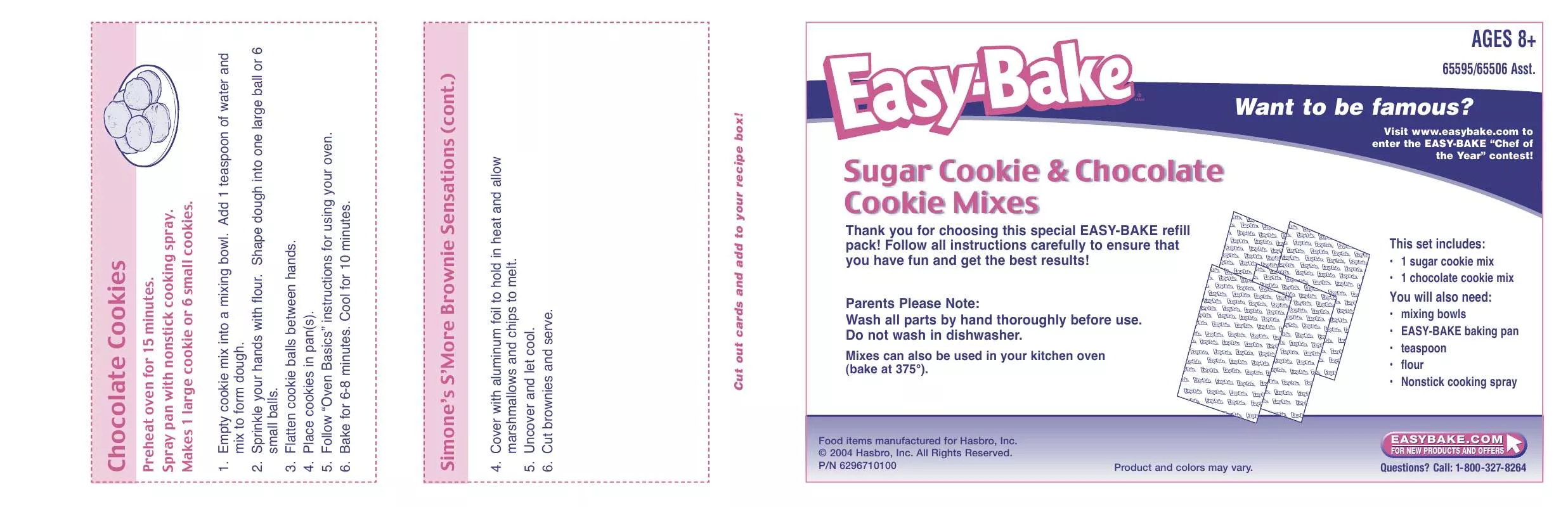 Mode d'emploi HASBRO EASY BAKE SUGAR COOKIE AND CHOCOLATE COOKIE MIXES 2004