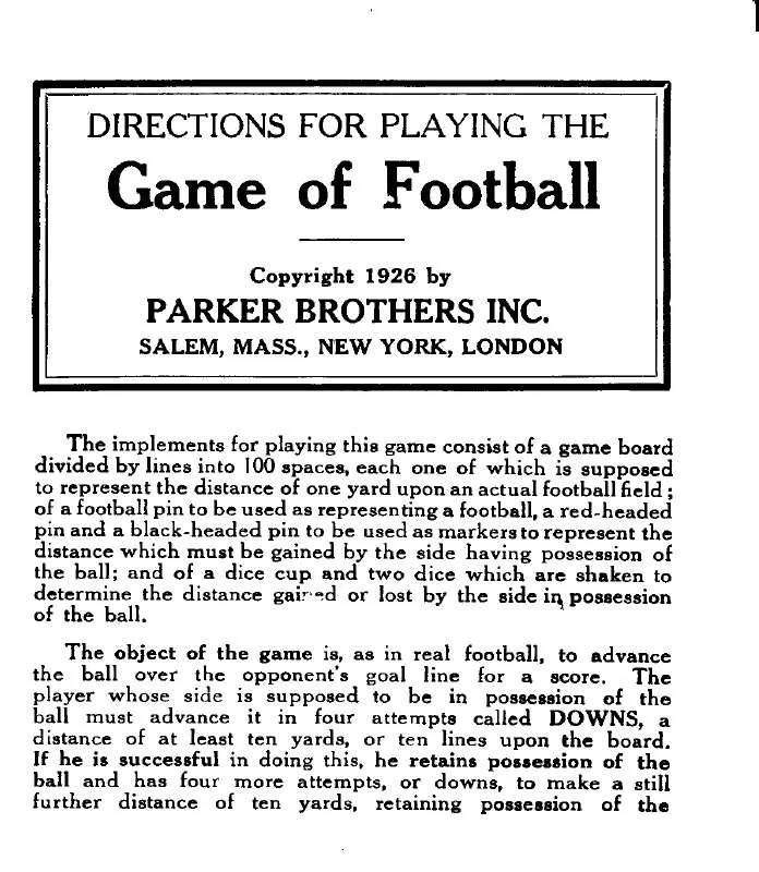 Mode d'emploi HASBRO GAME OF FOOTBALL 1926