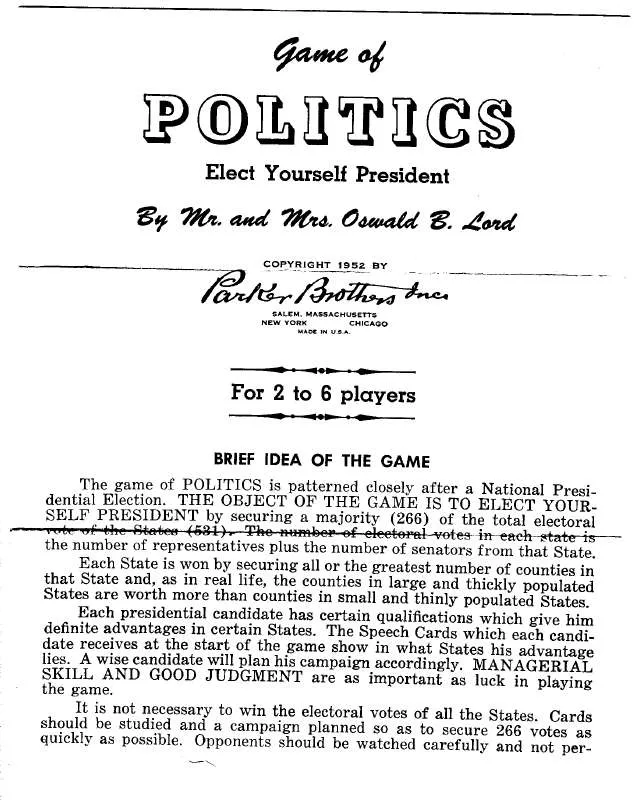 Mode d'emploi HASBRO GAME OF POLITICS ELECT YOURSELF PRESIDENT-1952