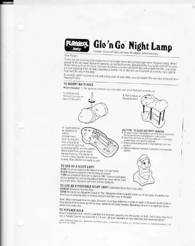 Mode d'emploi HASBRO GLO N GO NIGHT LAMP