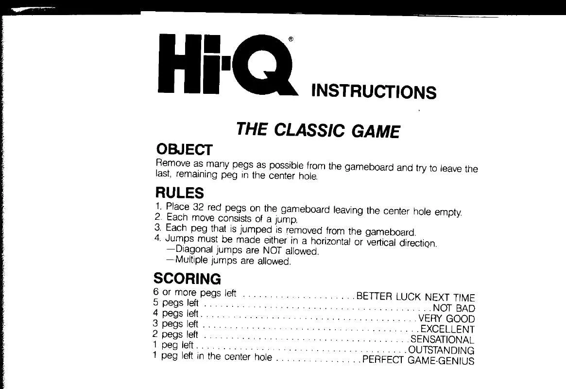 Mode d'emploi HASBRO HI-Q THE CLASSIC GAME