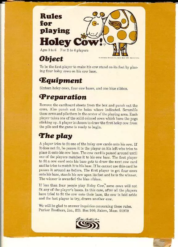 Mode d'emploi HASBRO HOLEY COW THE RULES FOR PLAYING