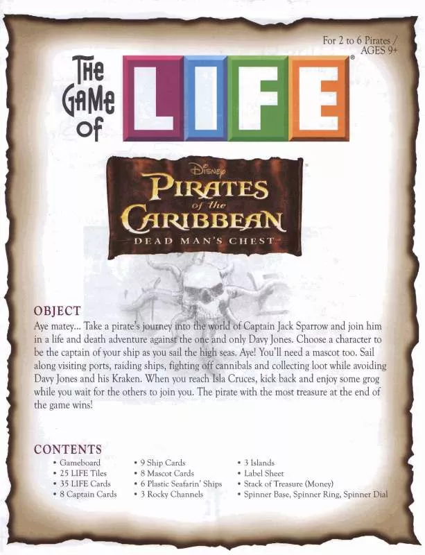 Mode d'emploi HASBRO LIFE THE GAME OF PIRATES OF THE CARIBBEAN