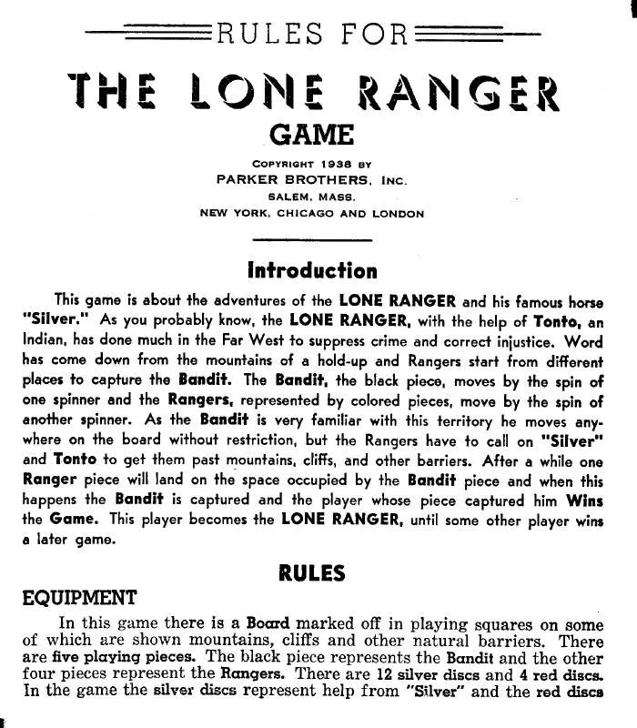 Mode d'emploi HASBRO LONE RANGER GAME 1938