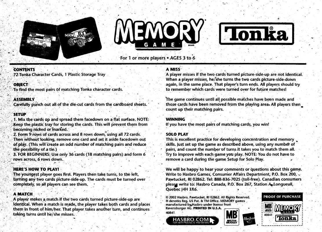 Mode d'emploi HASBRO MEMORY-TONKA