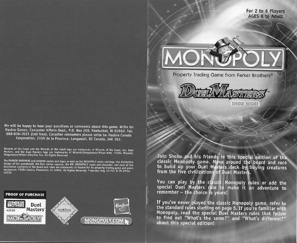 Mode d'emploi HASBRO MONOPOLY DUEL MASTERS SPECIAL EDITION
