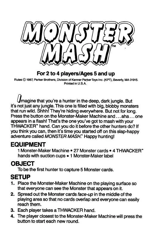 Mode d'emploi HASBRO MONSTER MASH 1987