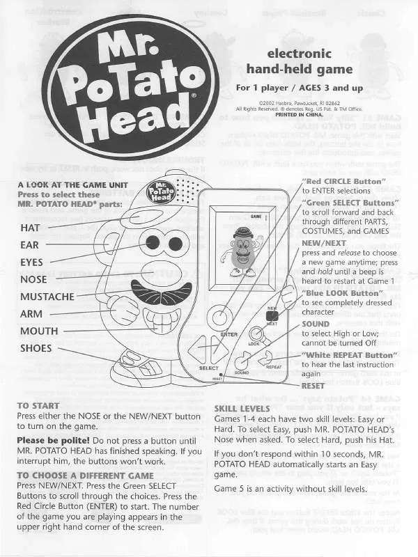 Mode d'emploi HASBRO MR POTATO HEAD HAND HELD 2002