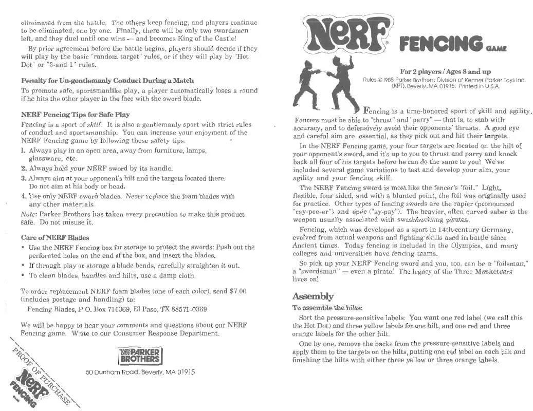 Mode d'emploi HASBRO NERF FENCING GAME 1988