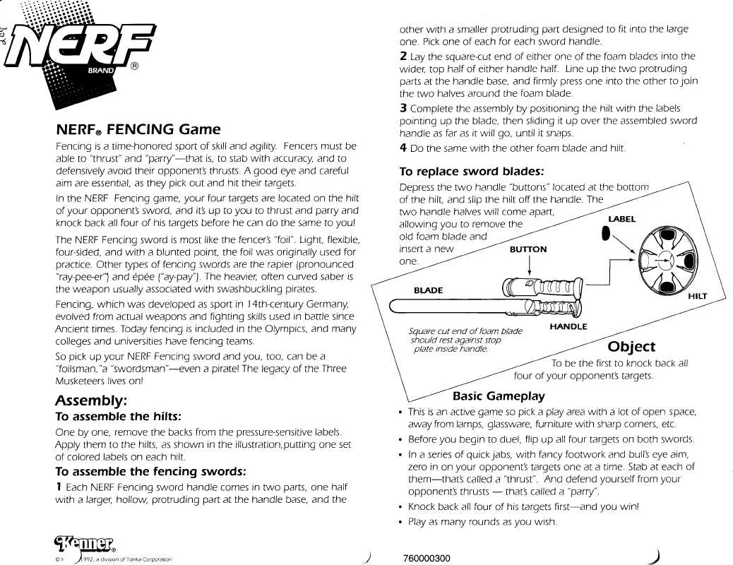 Mode d'emploi HASBRO NERF FENCING GAME 1992