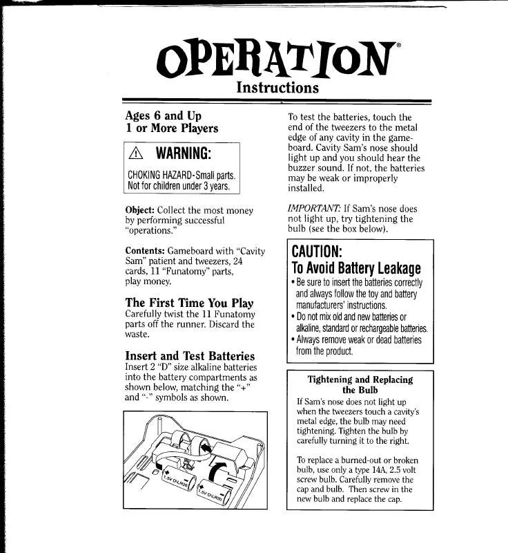 Mode d'emploi HASBRO OPERATION 1999