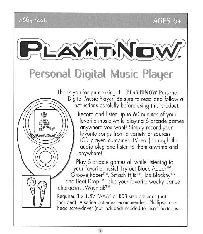 Mode d'emploi HASBRO PLAY IT NOW PERSONAL DIGITAL MUSIC PLAYER