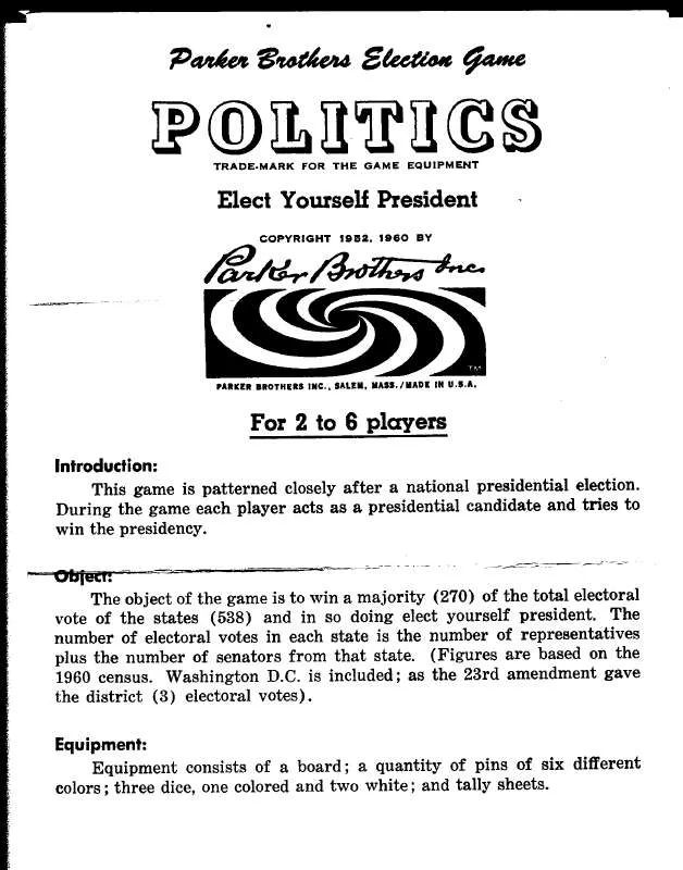 Mode d'emploi HASBRO POLITICS ELECT YOURSELF PRESIDENT-1960