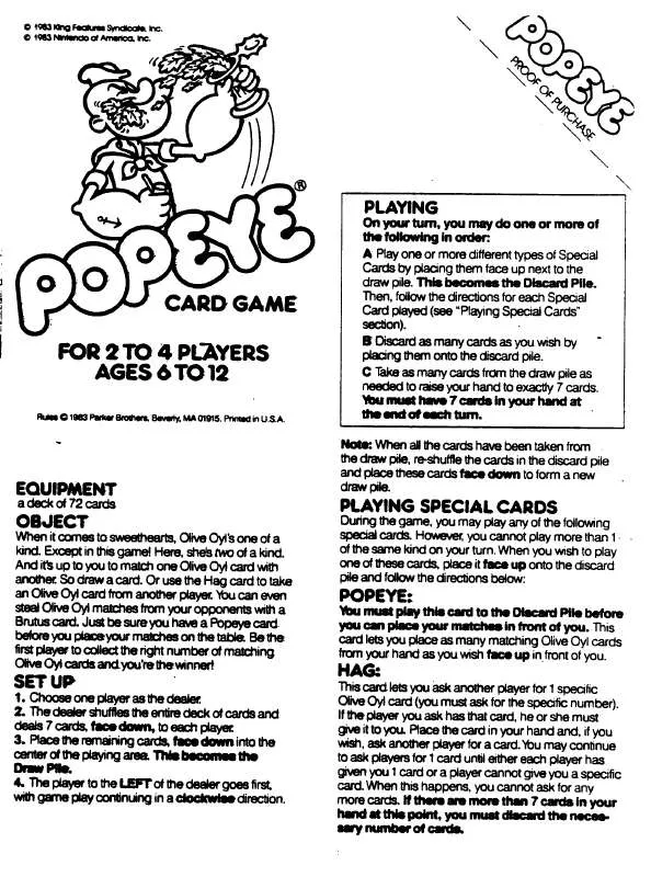 Mode d'emploi HASBRO POPEYE CARD GAME1983