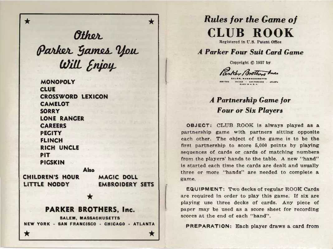 Mode d'emploi HASBRO ROOK CLUB ROOK 1957