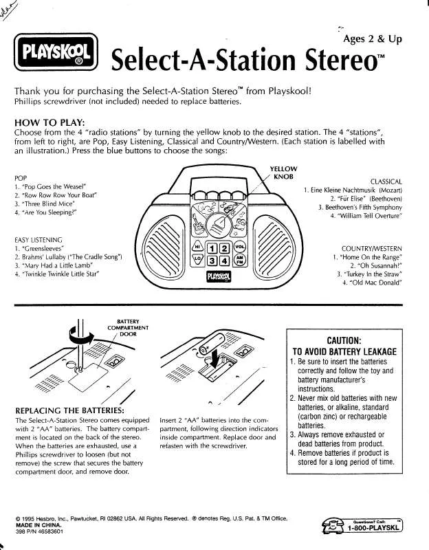 Mode d'emploi HASBRO SELECT A STATION STEREO