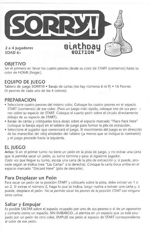 Mode d'emploi HASBRO SORRY BIRTHDAY EDITION SPANISH
