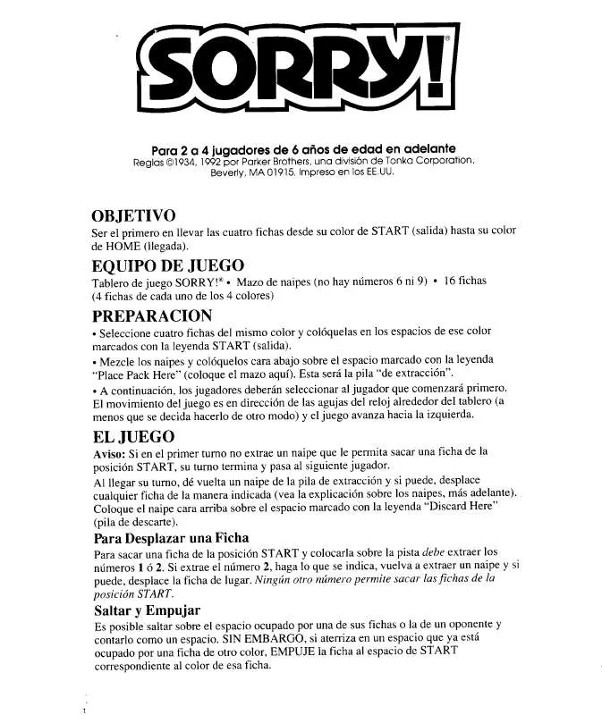 Mode d'emploi HASBRO SORRY SPANISH 1934-92